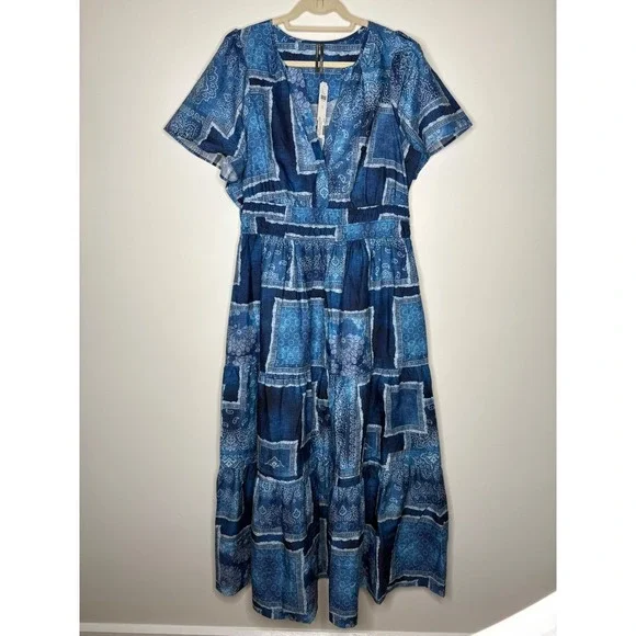 Anthro Maeve Somerset Maxi Dress XL Blue Bandana Cotton Smocked Waist NWT - Picture 2 of 13